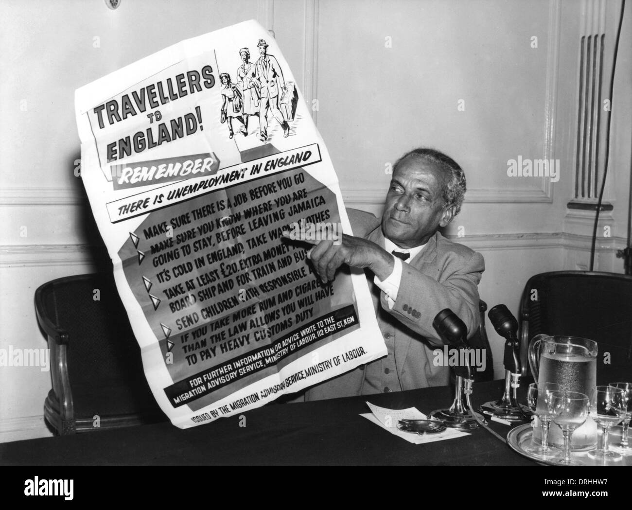 Reisende nach England! Jamaikanische Migration Werbung Stockfoto