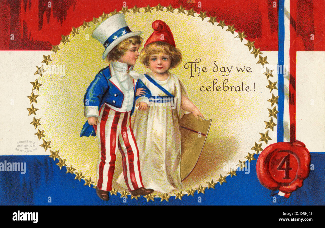 Amerikanische 4. Juli Postkarte. Der Tag, den wir feiern Stockfoto