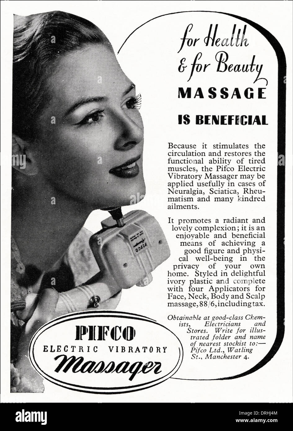 1950er Jahre Magazin Werbung Werbung PIFCO Elektro-Massagegerät Vibration,  Anzeige ca. 1952 Stockfotografie