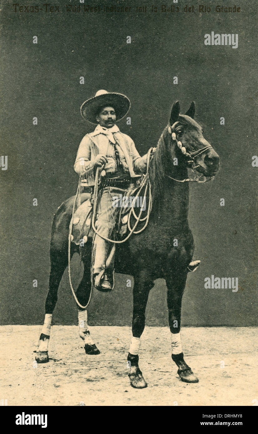 Texas-Tex, Mexikaner auf dem Pferderücken Stockfoto