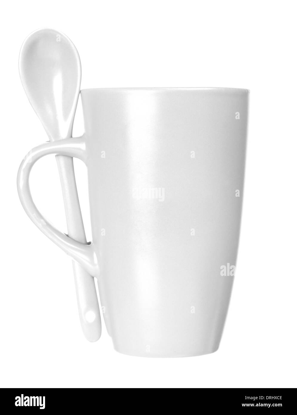 Weiße Tasse mit Löffel leer Leer für Kaffee oder Tee auf weißem Hintergrund Stockfoto