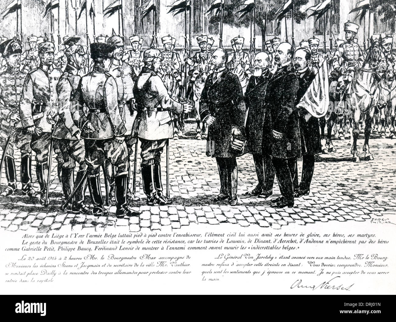 Bürgermeister von Brüssel Begegnung mit deutschen Invasoren, WW1 Stockfoto