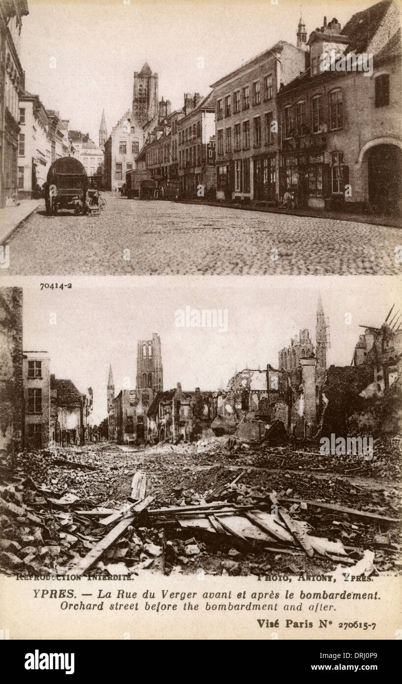 WWI - Yres, Belgien - vorher und nachher - Orchard Street Stockfoto