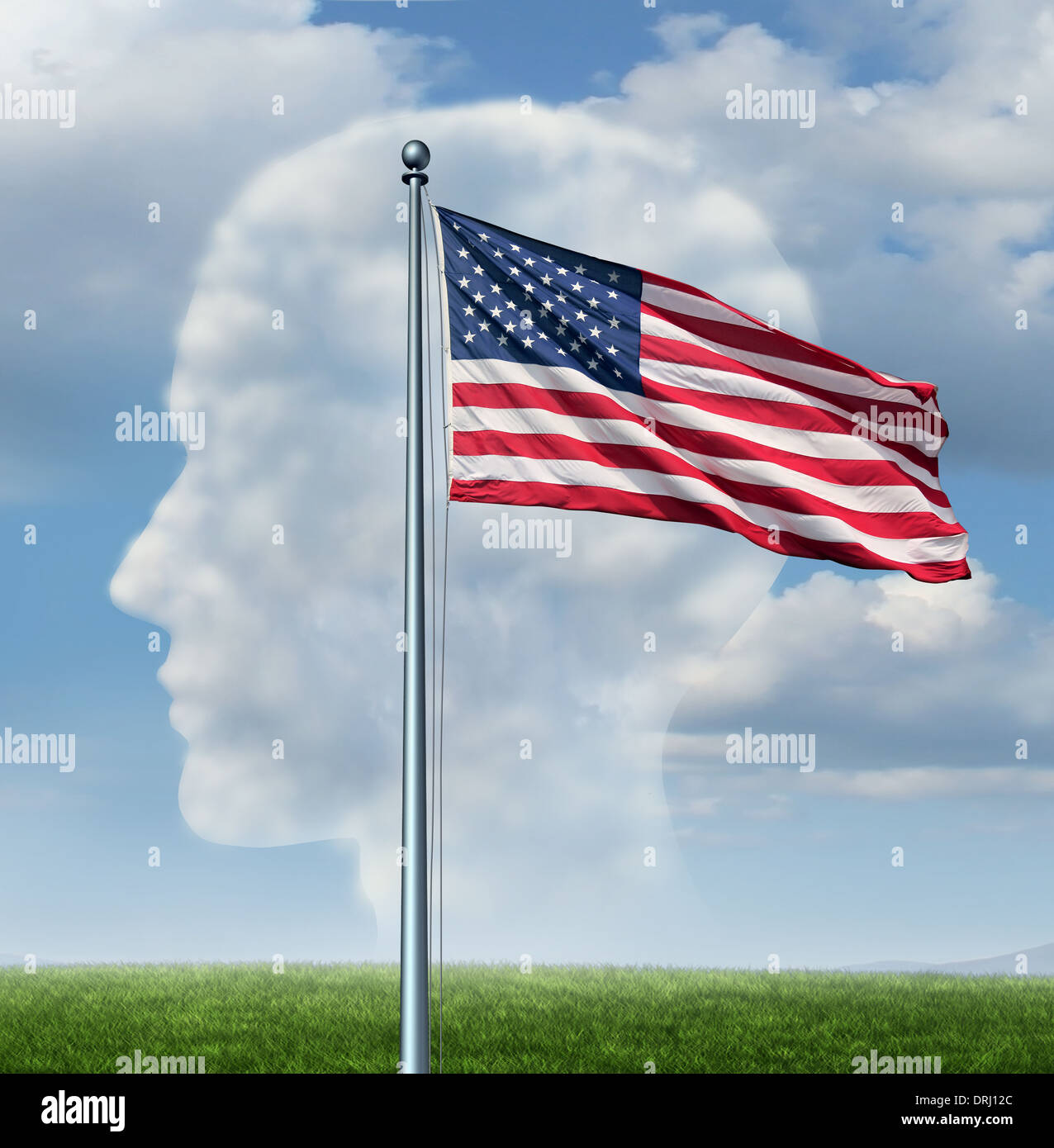 Amerikanische Staatsbürgerschaft und Immigration in die Vereinigten Staaten-Konzept als eine Gruppe von Wolken am Himmel in Form eines menschlichen Kopfes und ein Sternenbanner Fähnchen im Wind als Metapher für Nationalstolz und Patriotismus. Stockfoto Amerikanische Staatsbürgerschaft und Immigration in die Vereinigten Staaten-Konzept als eine Gruppe von Wolken am Himmel in Form eines menschlichen Kopfes und ein Sternenbanner Fähnchen im Wind als Metapher für Nationalstolz und Patriotismus. Stockfoto