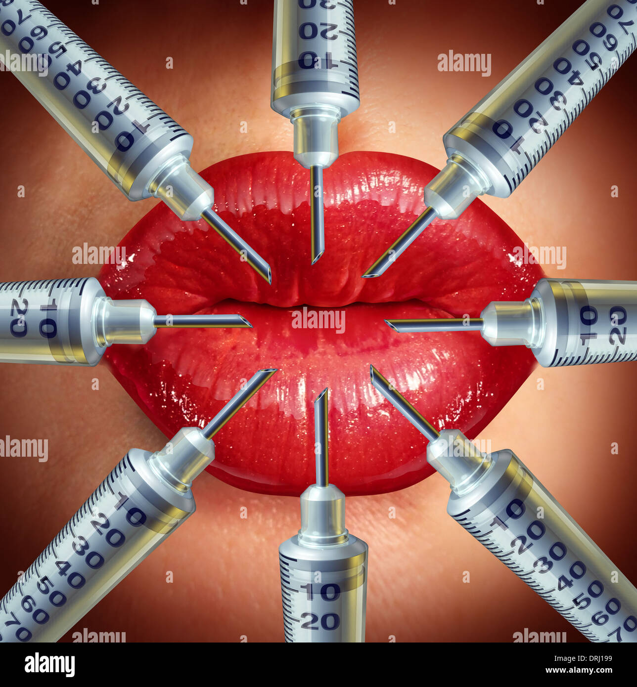Kosmetische Chirurgie und Gesicht heben Verbesserung mit einer Gruppe von Spritzen Injektion von medizinischen Produkten um weibliche rote Lippen als medizinisches Gesundheits-Konzept und Metapher für die Schönheit und Kampf gegen Hautalterung. Stockfoto