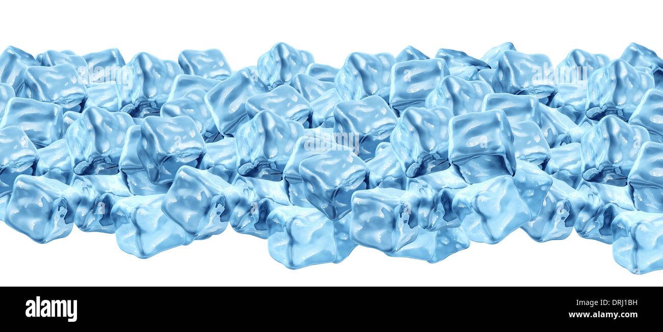 Ice Cube Bordürenmuster mit einer Gruppe von festen gefrorenen Wasser Würfel in einem erfrischenden Haufen als gestalterisches Element für frische Stockfoto