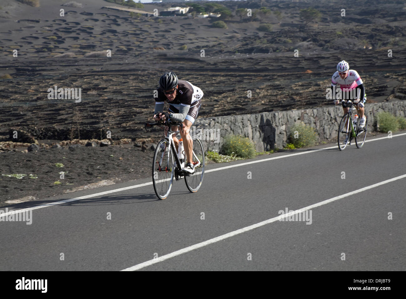 La Geria Lanzarote Kanarische Inseln zwei männliche Radfahrer Radfahren entlang der Straße zwischen Reben in schwarzen vulkanischen Asche gepflanzt Stockfoto