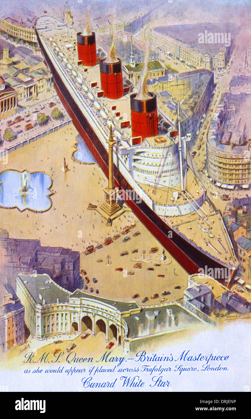 RMS Queen Mary - Vergleich in der Größe zum Trafalgar Square Stockfoto