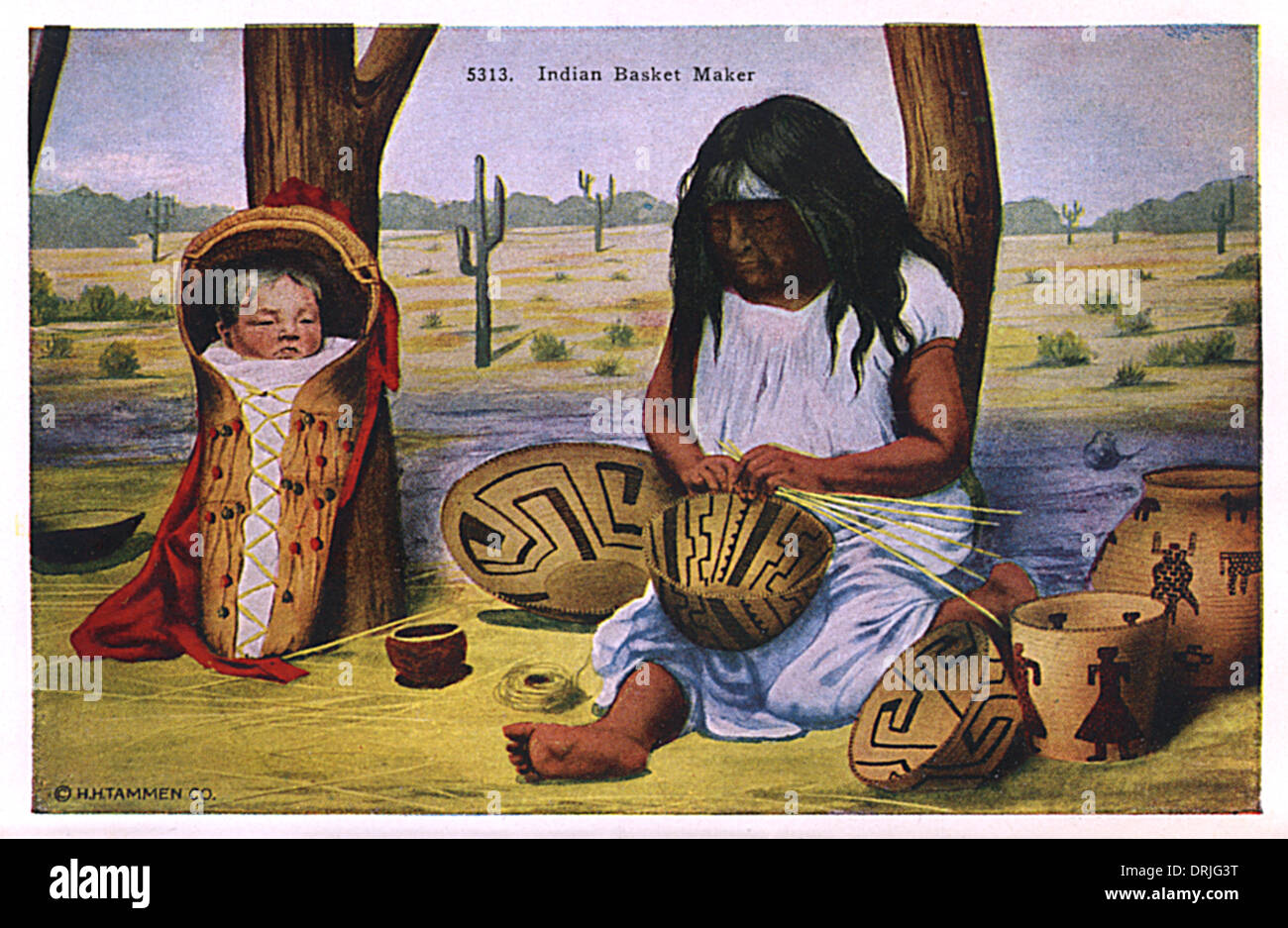 Native American Indian Woman weben Körbe Stockfoto