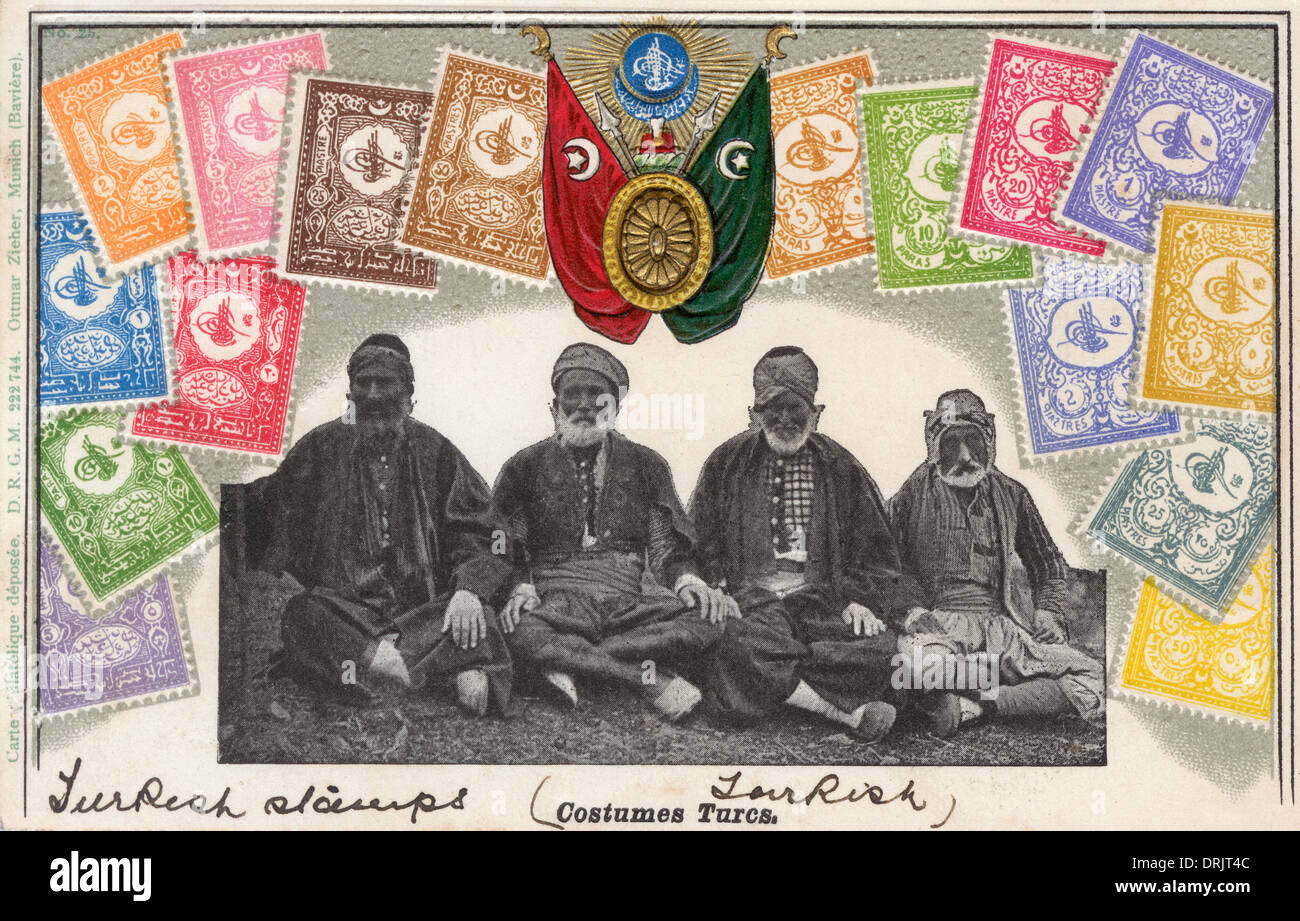 Türkei - ehrwürdige Türken umgeben von Briefmarken Stockfoto
