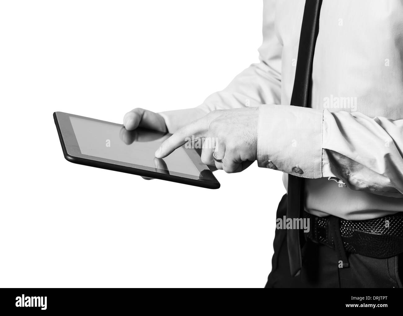 Geschäftsmann Hände halten einen Tablet berühren Computer Gadget mit isolierten Bildschirm Stockfoto