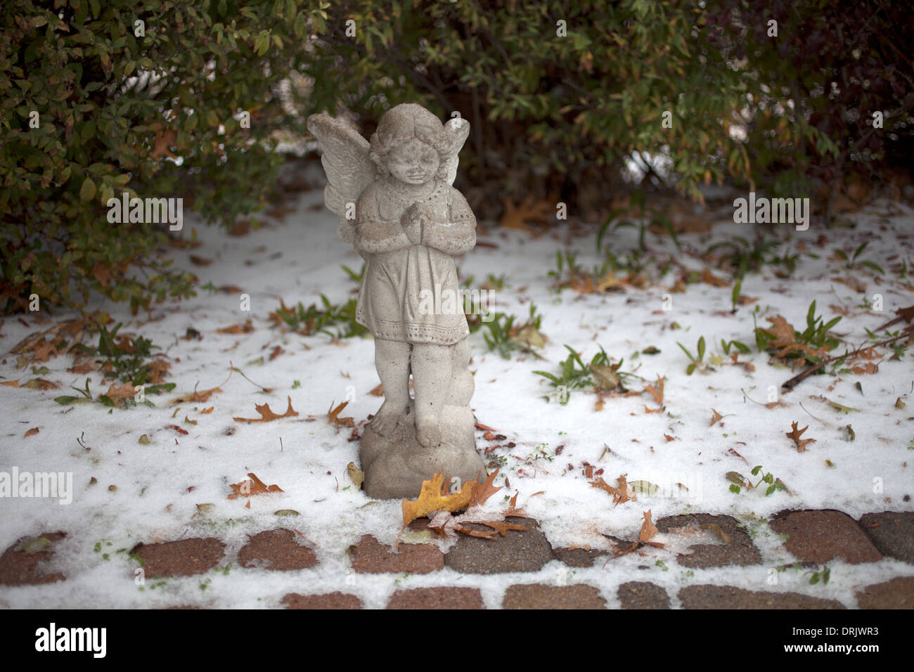 Eine Skulptur eines Engels ziert einen Garten mit Eis in South Dallas, Texas, Vereinigte Staaten, 6. Dezember 2013. Stockfoto