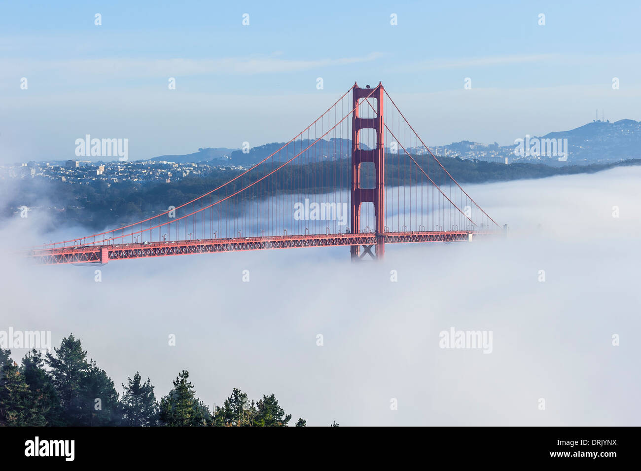 Die Golden Gate Bridge in San Francisco, Kalifornien war völlig am Nachmittag des 26. Januar 2014 in Nebel gehüllt. Stockfoto