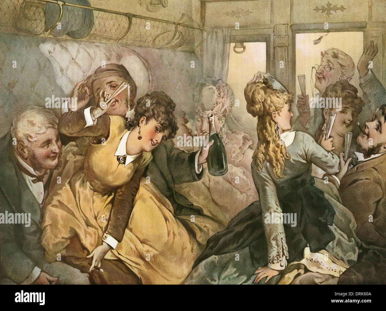 Der Zug der Freude, Illustration für Madame Tellier Haus, 1881-Erzählung von Guy de Maupassant. Stockfoto