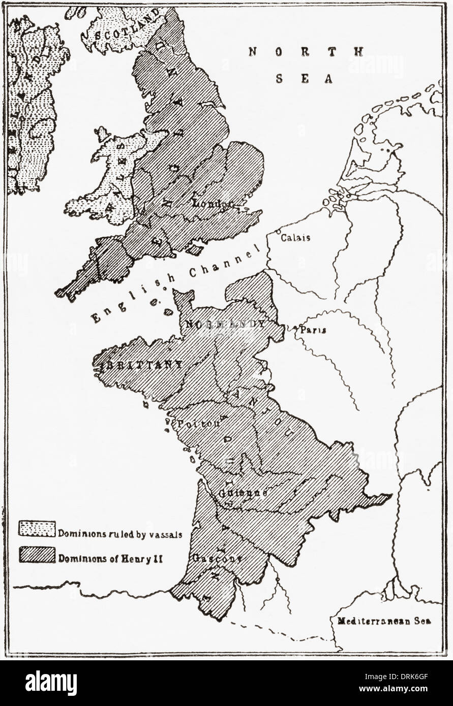 Diese Karte zeigt die französischen Besitzungen Heinrichs II. Stockfoto