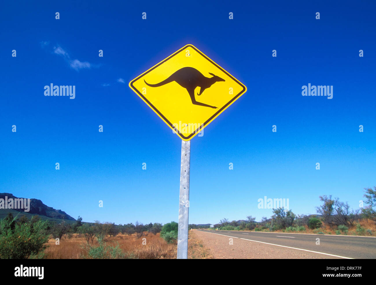 Känguru-Warnschild auf einer leeren Outback-Straße in der Flinders Range Nationalpark in der Nähe von Wilpena South Australia Stockfoto