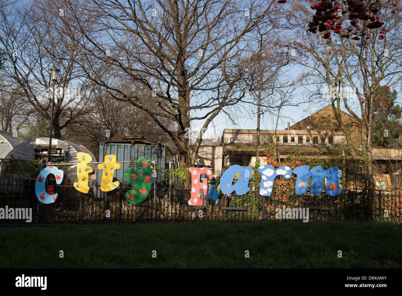 Hackney Ortsschild Farm. Stockfoto