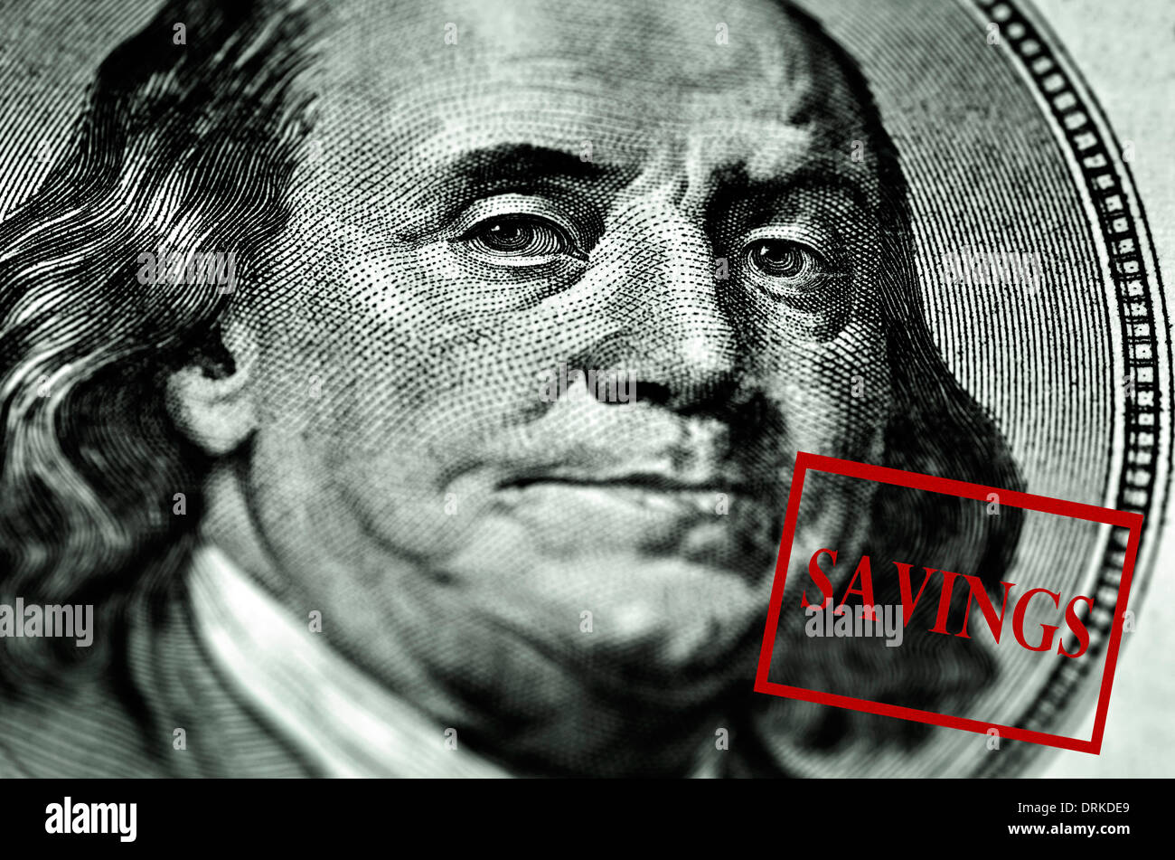 Nahaufnahme von hundert-Dollar-Schein isoliert auf Franklin-Porträt mit Einsparungen Stempel Stockfoto