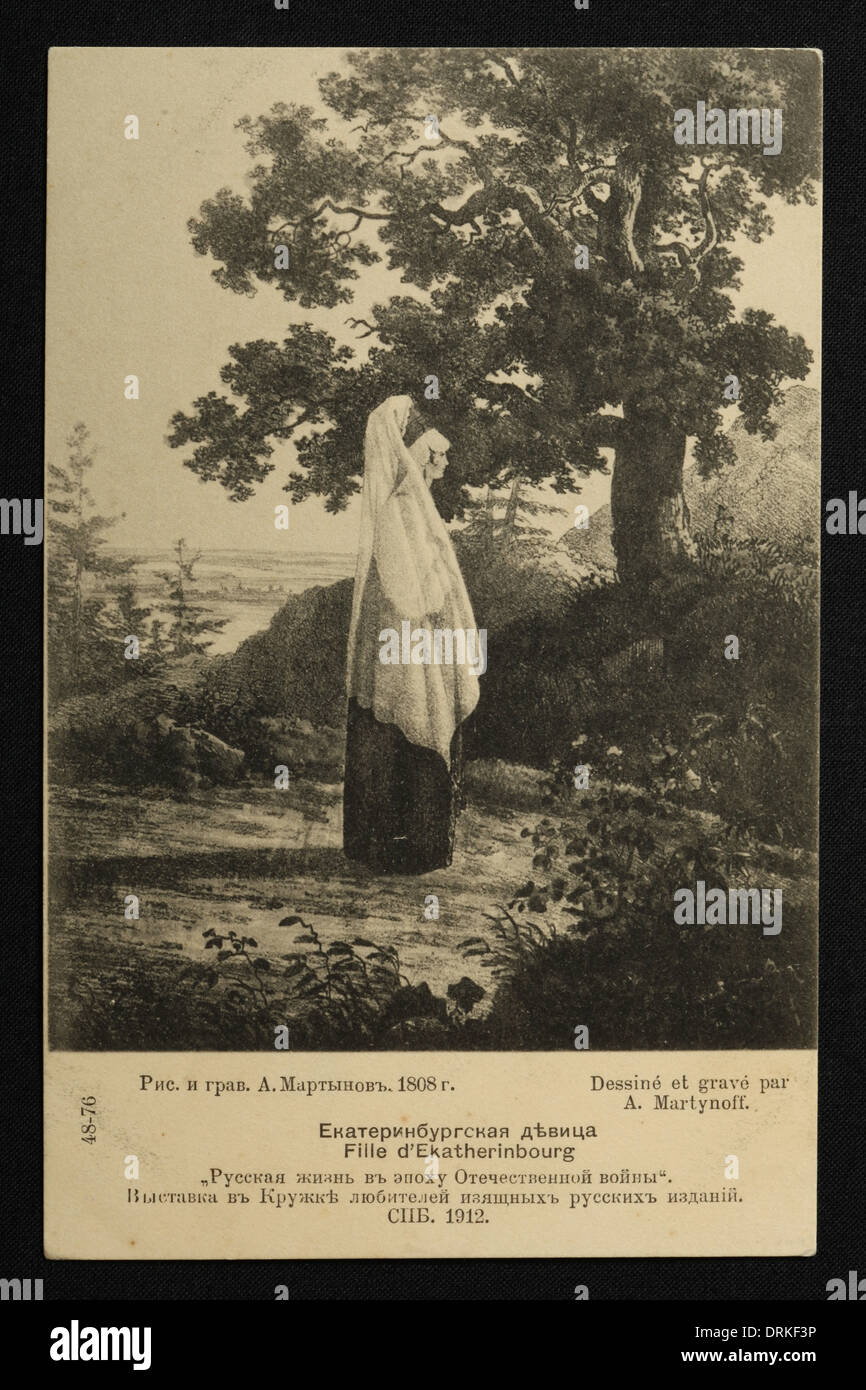 Junge Frau aus Jekaterinburg in der Postkarte aus der Serie dargestellt: Russische Frauen aus der Zeit der französischen Invasion Russlands im Jahr 1812. Russische Vintage Postkarte vom Anfang des 20. Jahrhunderts herausgegeben von A. F. Dressler in Sankt Petersburg. Text auf Russisch: Junge Frau aus Jekaterinburg. Zeichnung und Gravur von A. Martynow, 1808. Russisches Leben in der Zeit der französischen Invasion Russlands 1812. Ausstellung im Kreis der Liebhaber russischer Fine Editions, St. Petersburg, 1912. Mit freundlicher Genehmigung der Azoor Postcard Collection. Stockfoto