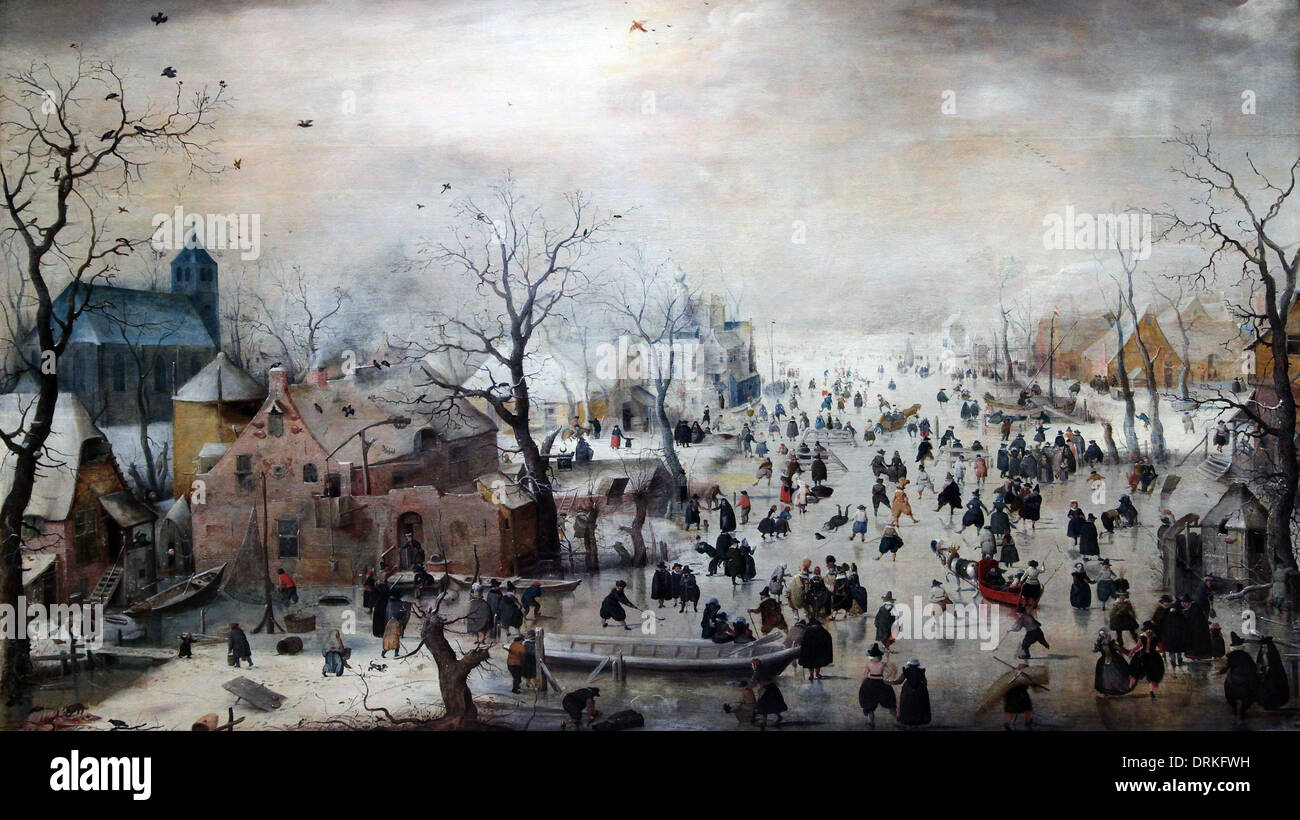 Winterlandschaft mit Eisläufern 1608 Hendrick Avercamp 1585 –1634 Niederländischer Maler. Stockfoto