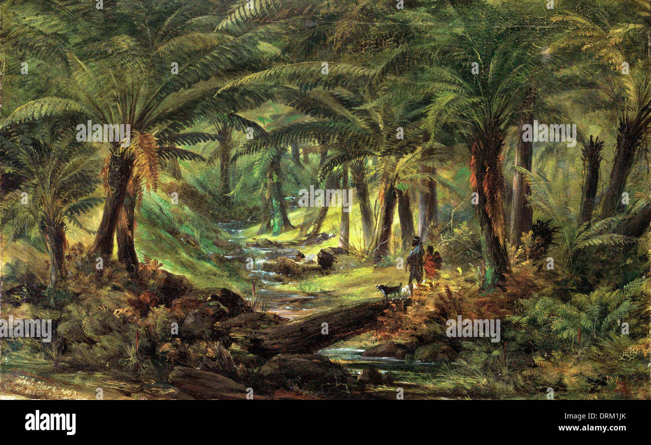 Thomas Clark, Fern Gully mit Aborigines Familie 1863 Öl auf Leinwand. Art Gallery of New South Wales, Sydney, Australien. Stockfoto