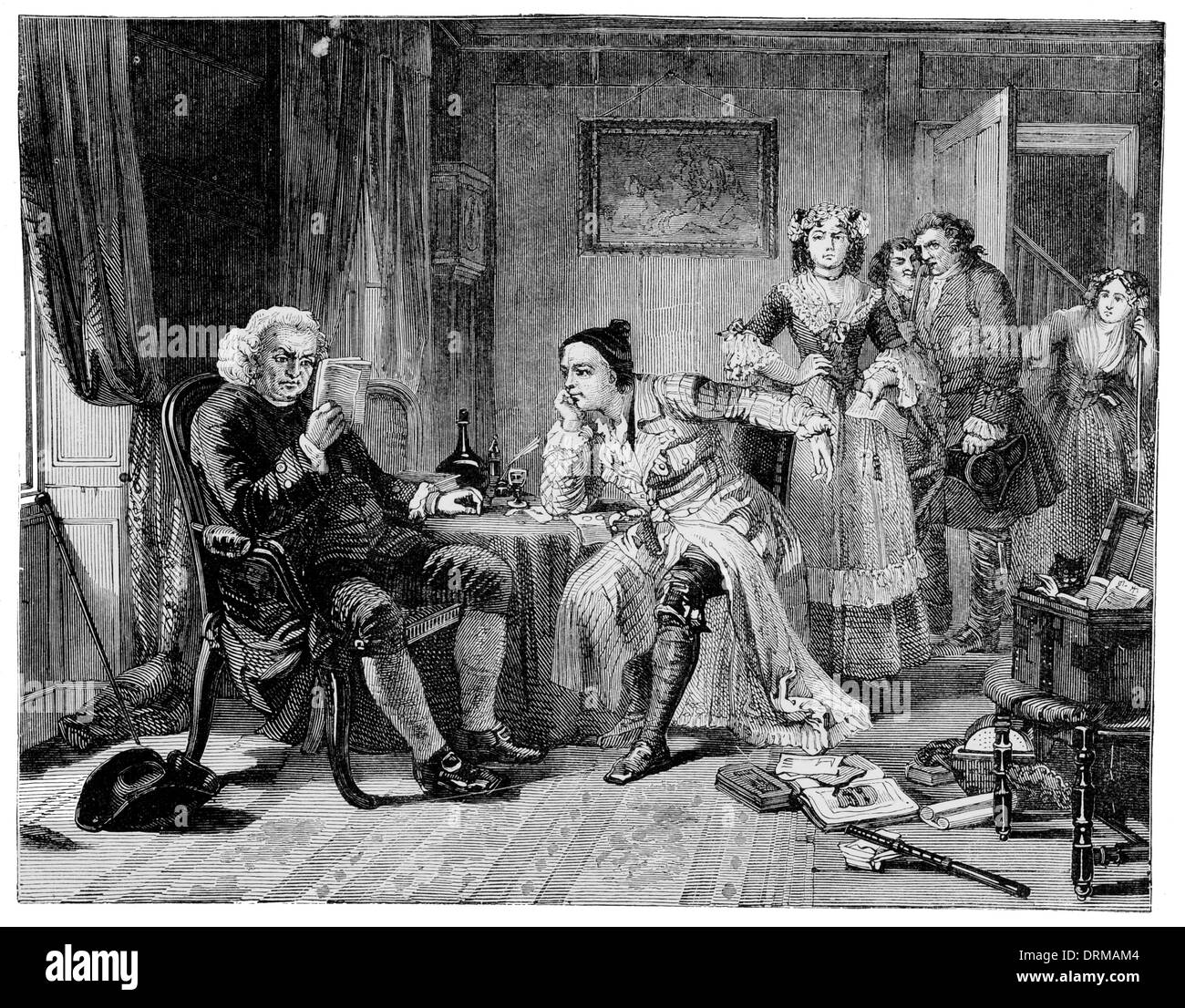 Dr. Samuel Johnson 1709 1784 liest das Manuskript von The Vicar of Wakefield mit Oliver Goldsmith. Der irische Schriftsteller Stockfoto