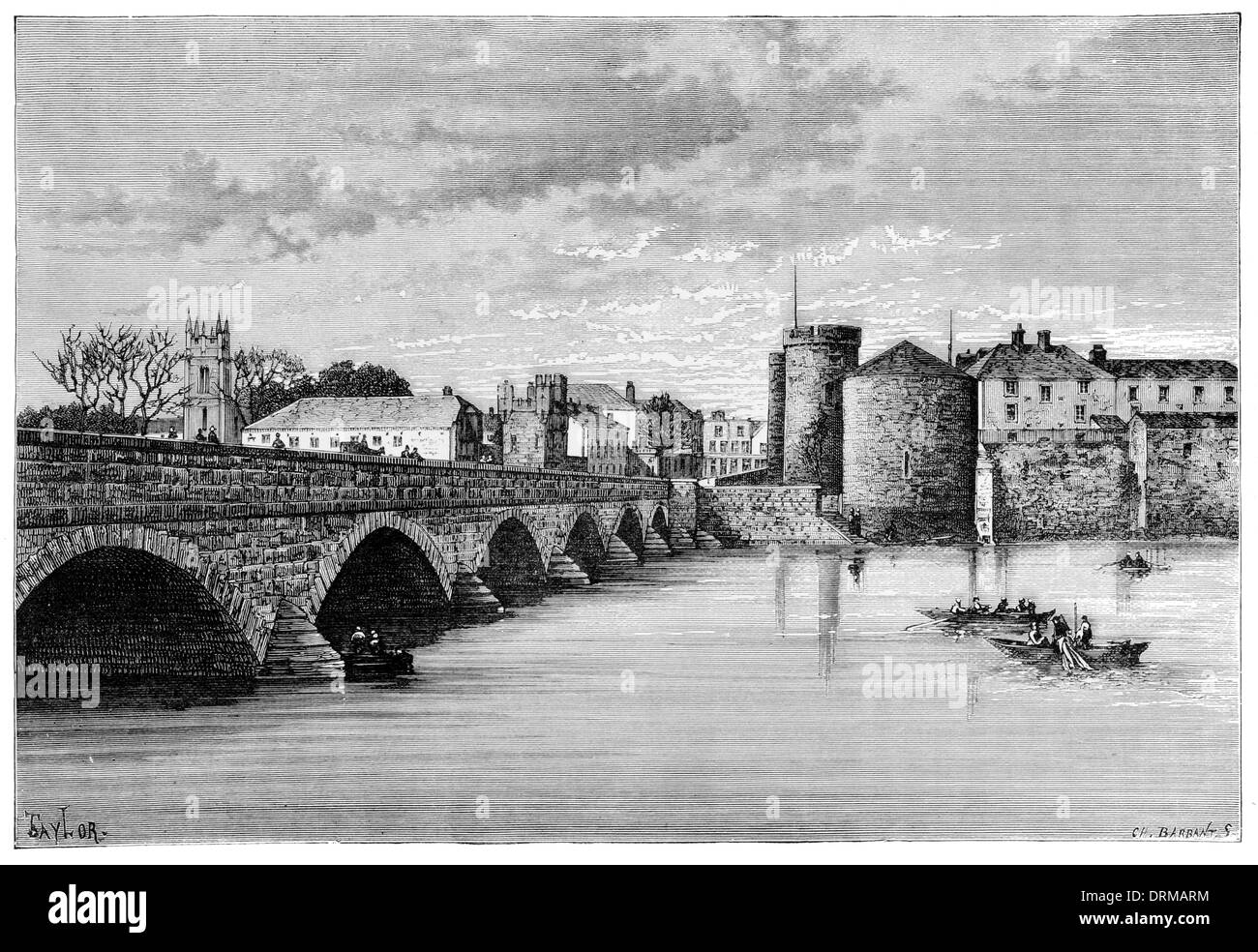 Limerick. Die Thomond Bridge und King John Castle ca. 1850 Stockfoto
