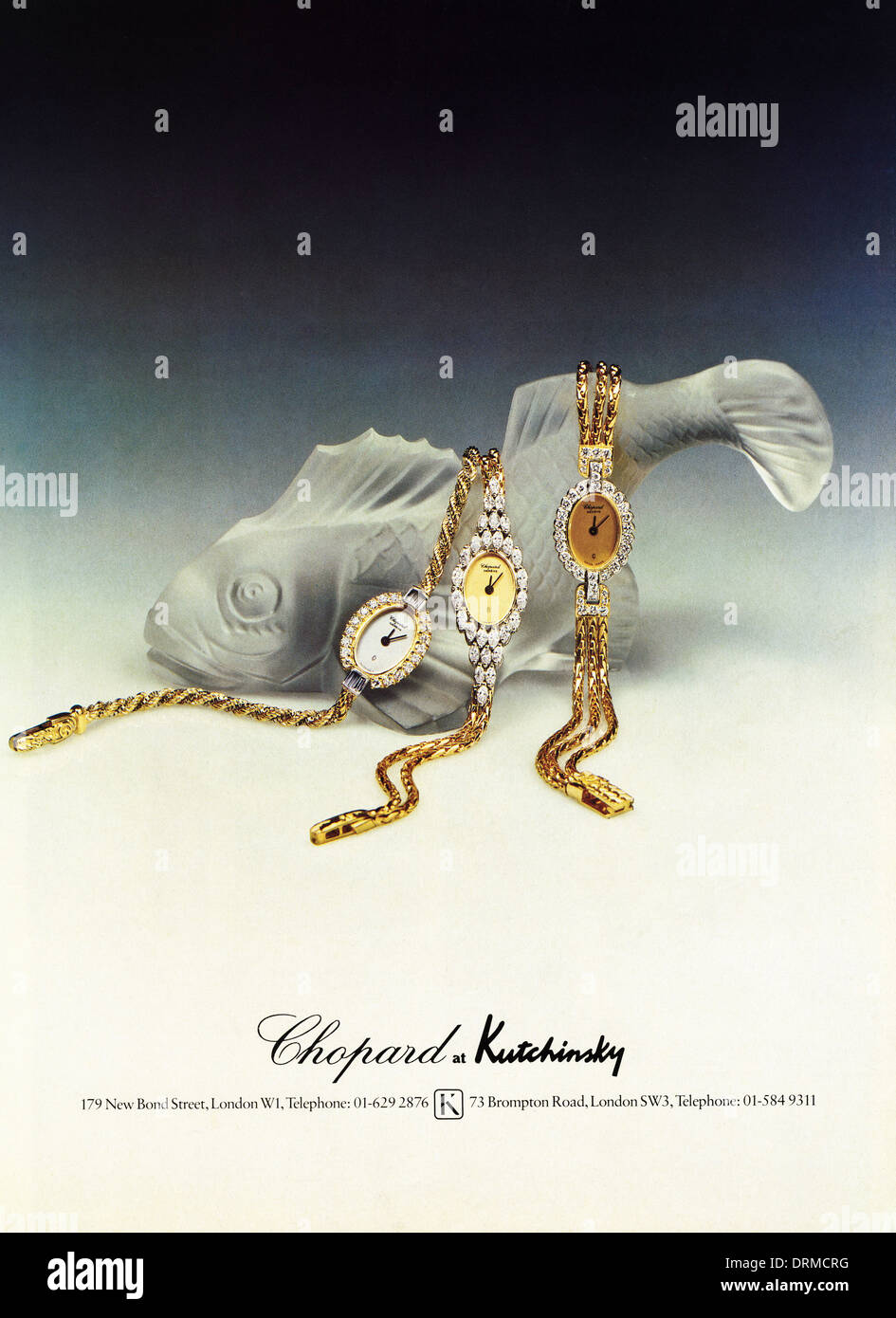 Anzeige der 1980er Jahre Mode Magazin Werbung Werbung Luxus-Uhren von CHOPARD & LEATHERFOLK von London, ca. 1983 Stockfoto
