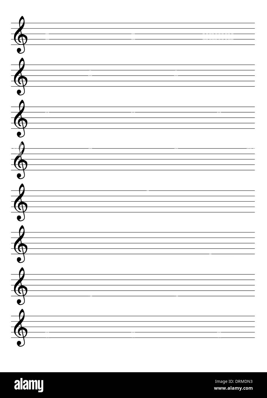 Acht Violinschlüssel Notensysteme isoliert auf weißem Hintergrund Stockfoto