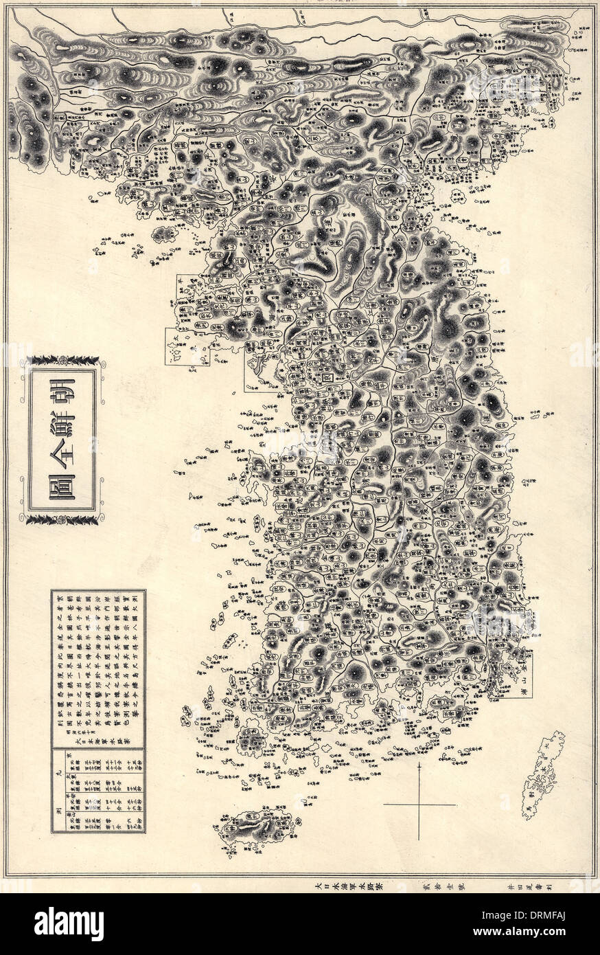 Karte von der koreanischen Halbinsel (Chosŏn Pando) veröffentlichte 1860. Auch sind sichtbar, Tsushima und Jeju Inseln Stockfoto