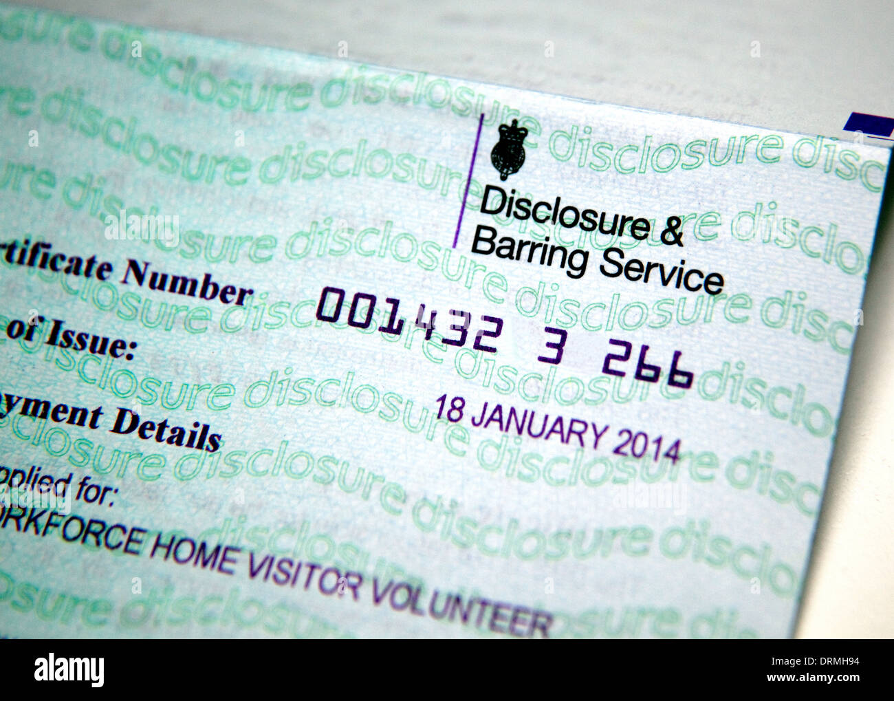 Offenlegung & Sperrung Service Zertifikat (ehemals CRB Check), London Stockfoto