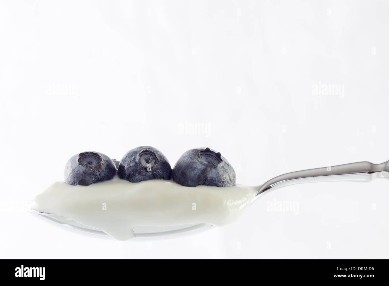 Löffel voll Joghurt mit Heidelbeeren Stockfoto
