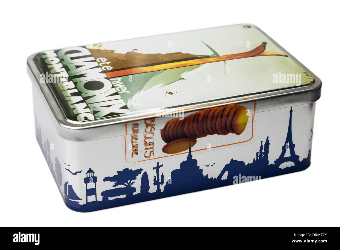Reich verzierte Dose französische Kekse aus Chamonic Mont Blanc Region von Frankreich auf einem weißen Hintergrund isoliert Stockfoto