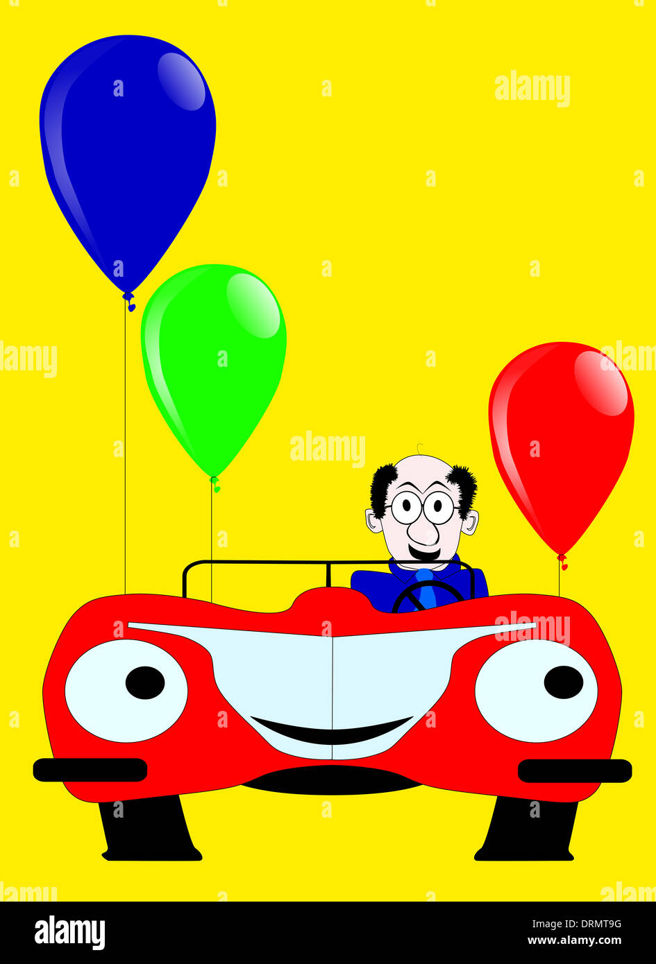 Geburtstag-Tageskarte mit Sportwagen und Luftballons. Stockfoto