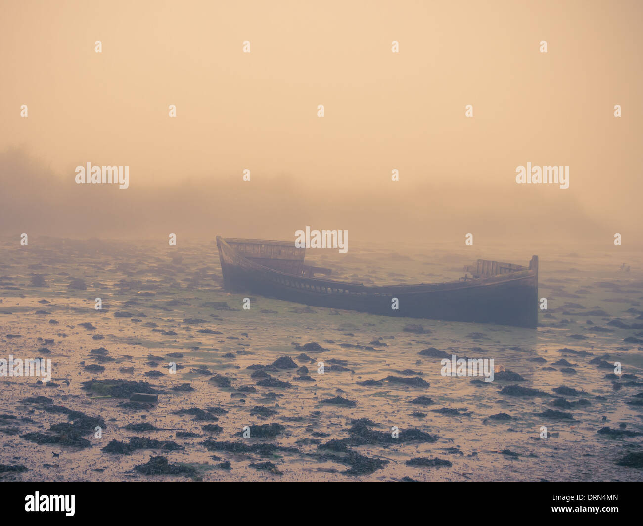 Einem alten Holzboot liegt Fäulnis in den Schlamm in Portsmouth Harbour während einem nebligen Morgen Stockfoto