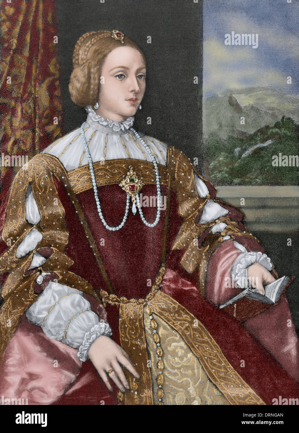 Isabella von Portugal (1503-1539). Königin von Spanien und Kaiserin von Deutschland. Kupferstich nach einem Gemälde von Tizian. Farbige. Stockfoto