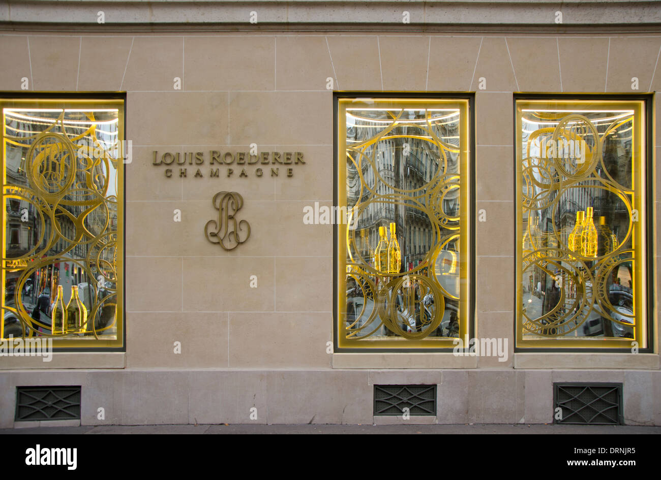 Frontal-Shop, Louis Roederer Cristal Champagner-Produzent. Paris, Frankreich. Stockfoto