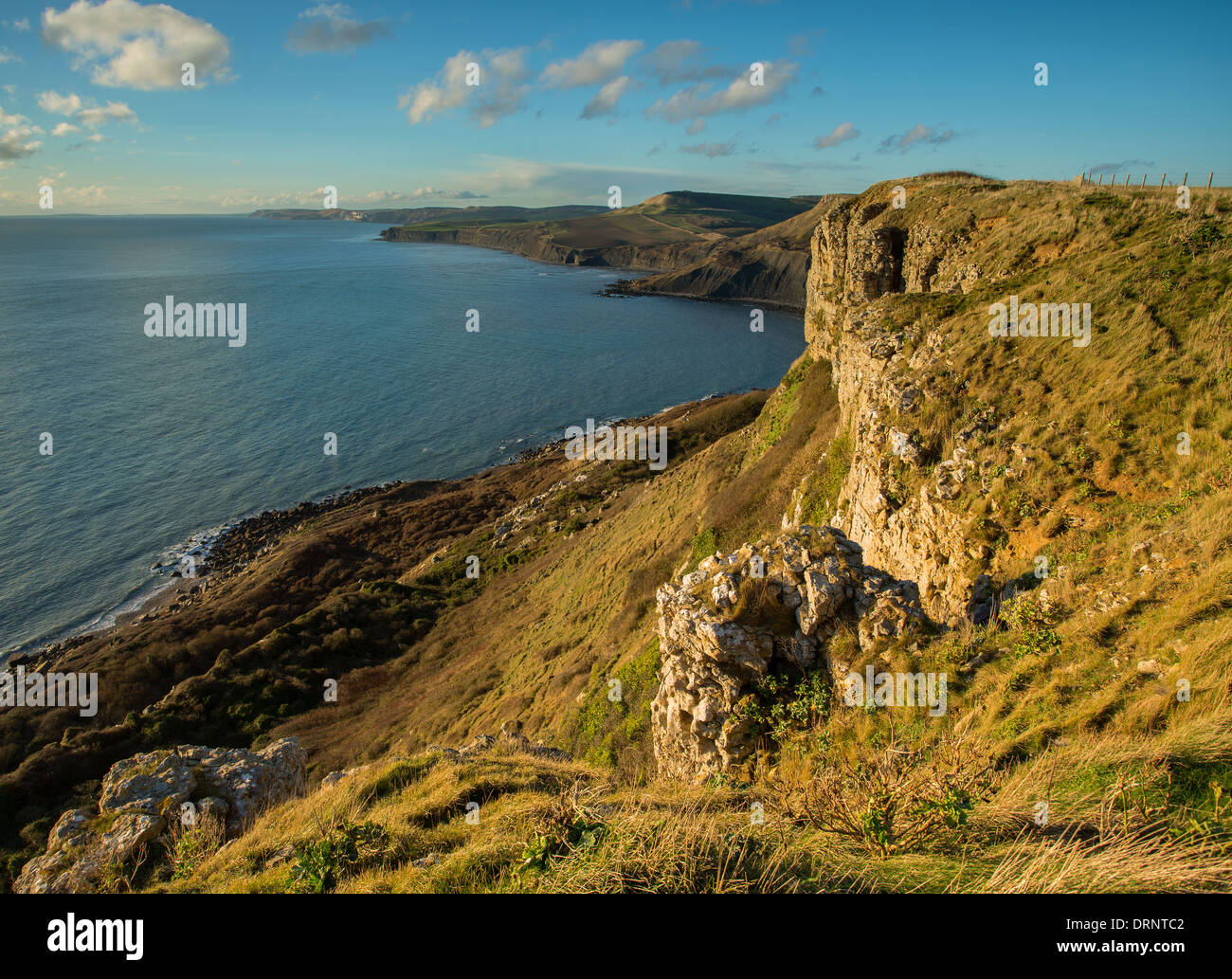 Späten Nachmittag Sonne an Emmetts Hill, Dorset, UK und die fabelhafte Aussicht West entlang der Jurassic Küste Stockfoto