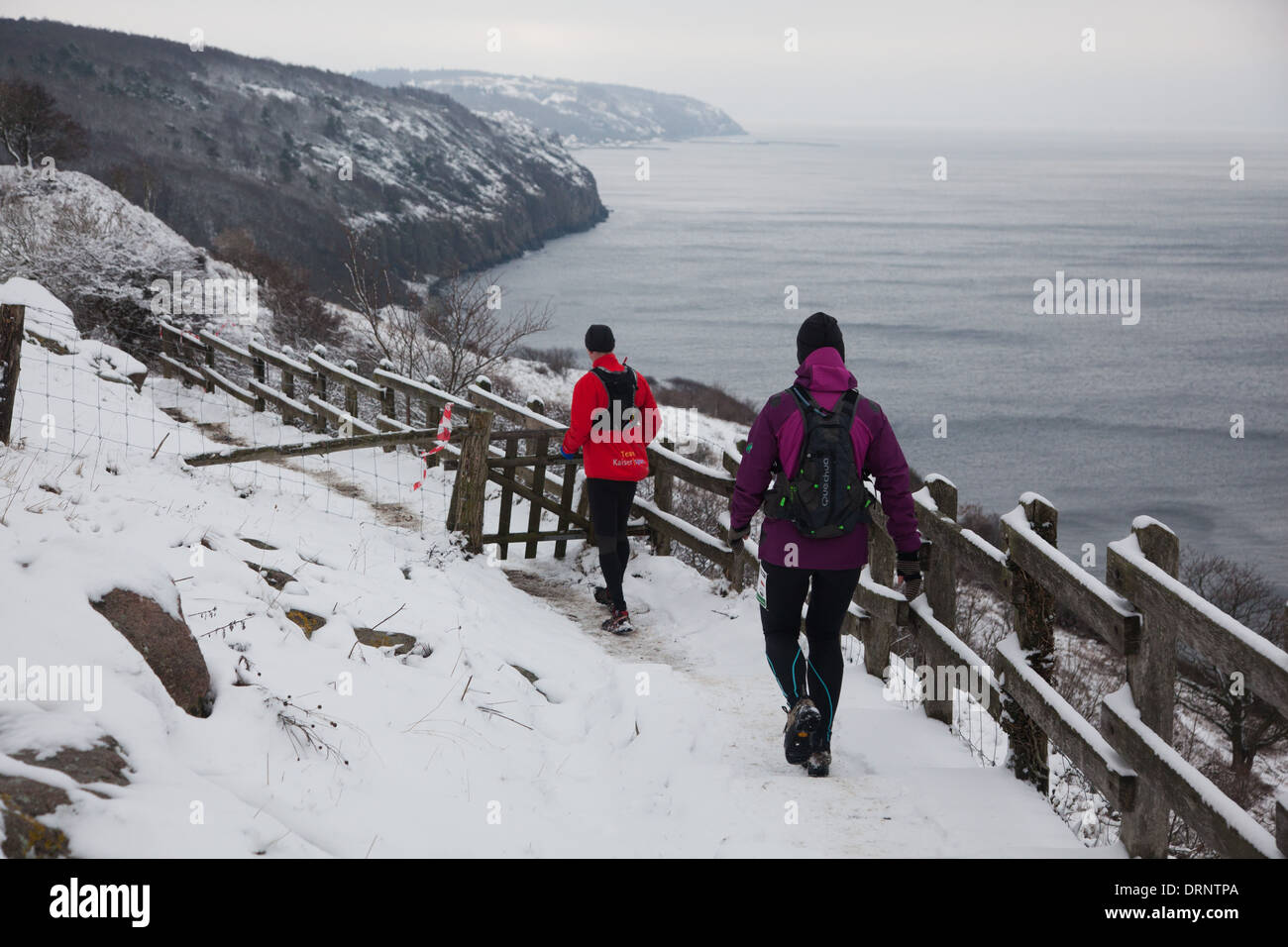 Zwei Läufer finden ihren Weg auf einen verschneiten Weg in Richtung Meer unterhalb von Hammershus. Stockfoto