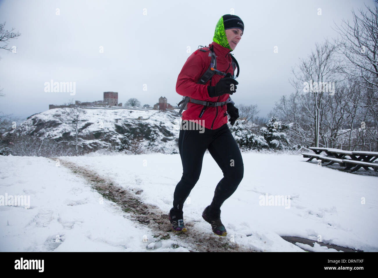 Ein Läufer macht ihren Weg über den Hügel mit Hammershus im Hintergrund. Stockfoto