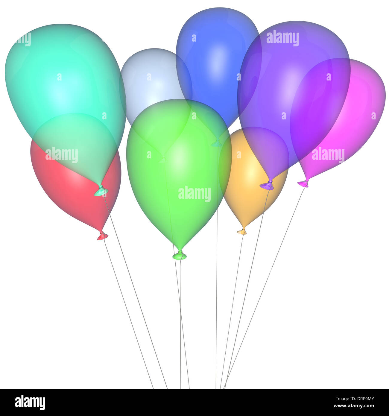 Transparente bunte Luftballons auf weißem Hintergrund Stockfoto