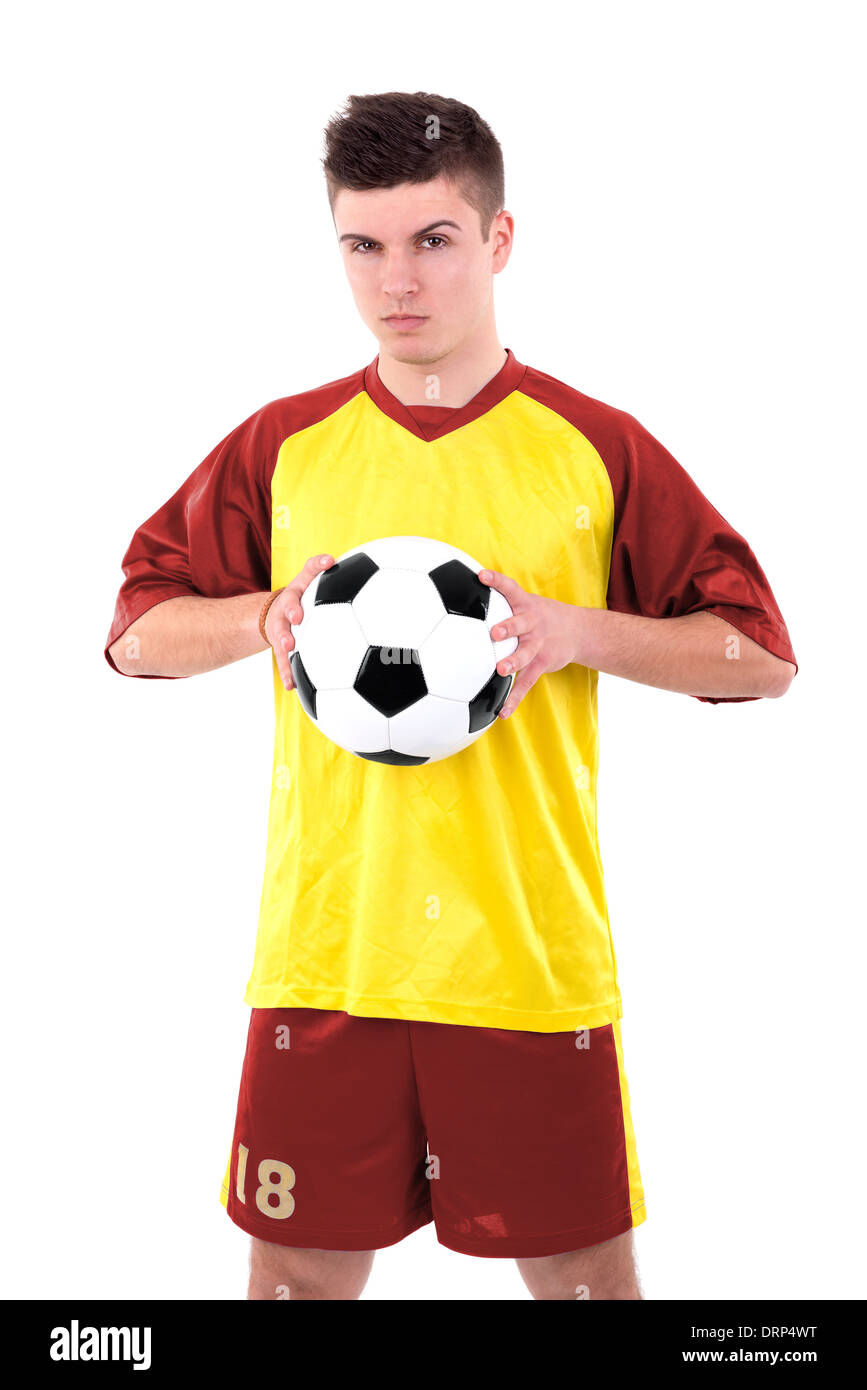 Football-Spieler mit einem Ball isoliert in weiß Stockfoto