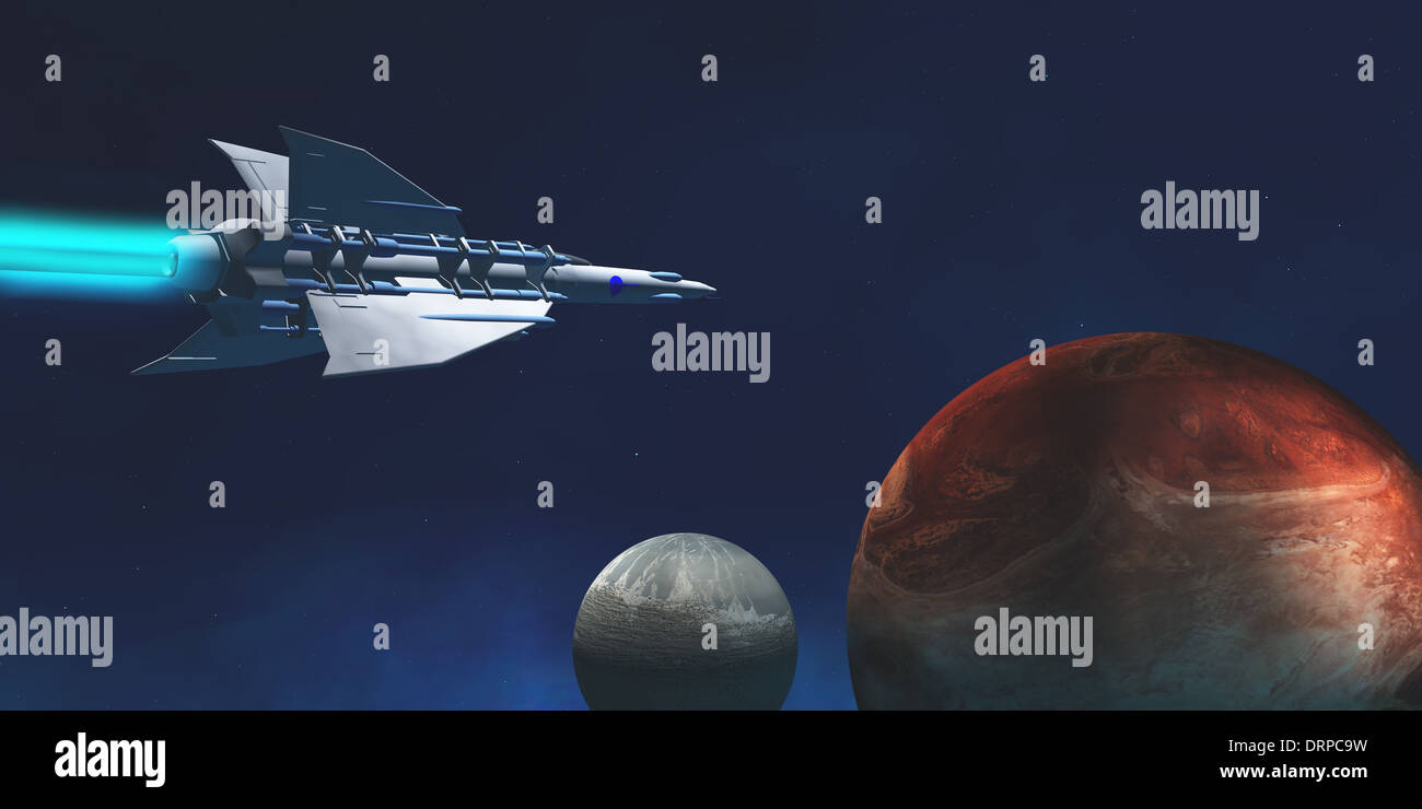 Eine Stern-Schiff von der Erde reist zu einem roten Planeten eine Forschungsexpedition beginnen. Stockfoto