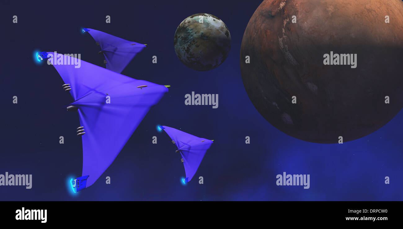 Drei Raumschiffe fliegen durch den Raum zu einem fremden Planeten und den Mond zu untersuchen. Stockfoto