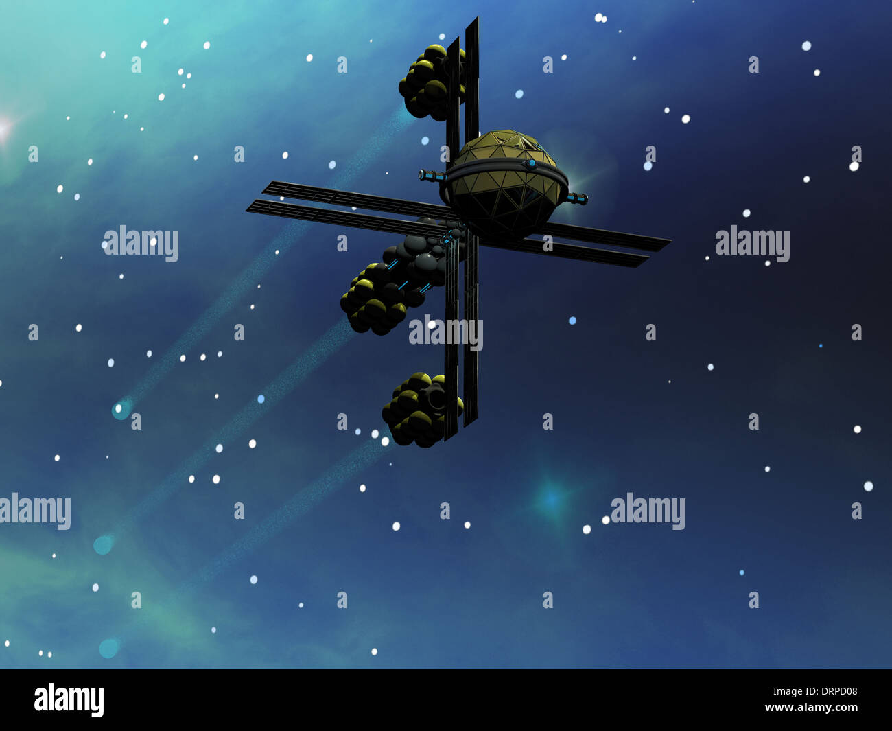 Eine Stern-Schiff von der Erde mit Laufwerk Ionenantriebe erforscht den Kosmos. Stockfoto