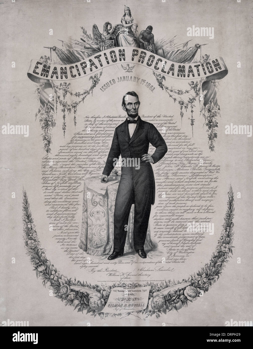 Emanzipations-Proklamation - Abraham Lincoln mit dem Text die Emanzipations-Proklamation - 1. Januar 1863 Stockfoto Emanzipations-Proklamation - Abraham Lincoln mit dem Text die Emanzipations-Proklamation - 1. Januar 1863 Stockfoto