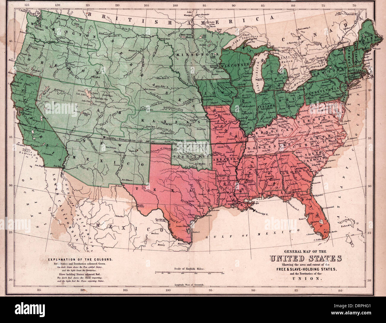 Übersichtskarte der Vereinigten Staaten, zeigt Bereich und Umfang der freien & sklavenhaltenden Staaten und Territorien der Union / 1857 Stockfoto