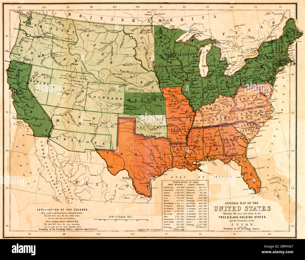 Übersichtskarte der Vereinigten Staaten, Bereich und Umfang der freien & sklavenhaltenden Staaten und Territorien der Union zeigt: auch die Begrenzung der seceding Staaten 1861 Stockfoto
