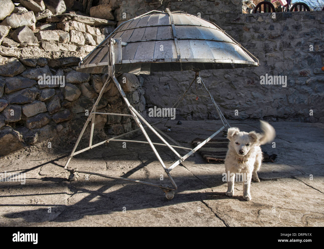 etiket hvid mad Solar Kocher und niedlichen Hund in Kagbeni Dorf in der Mustang-Region von  Nepal Stockfotografie - Alamy