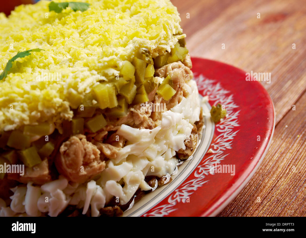Köstlicher Salat mit Lebertran, Nahaufnahme Stockfoto